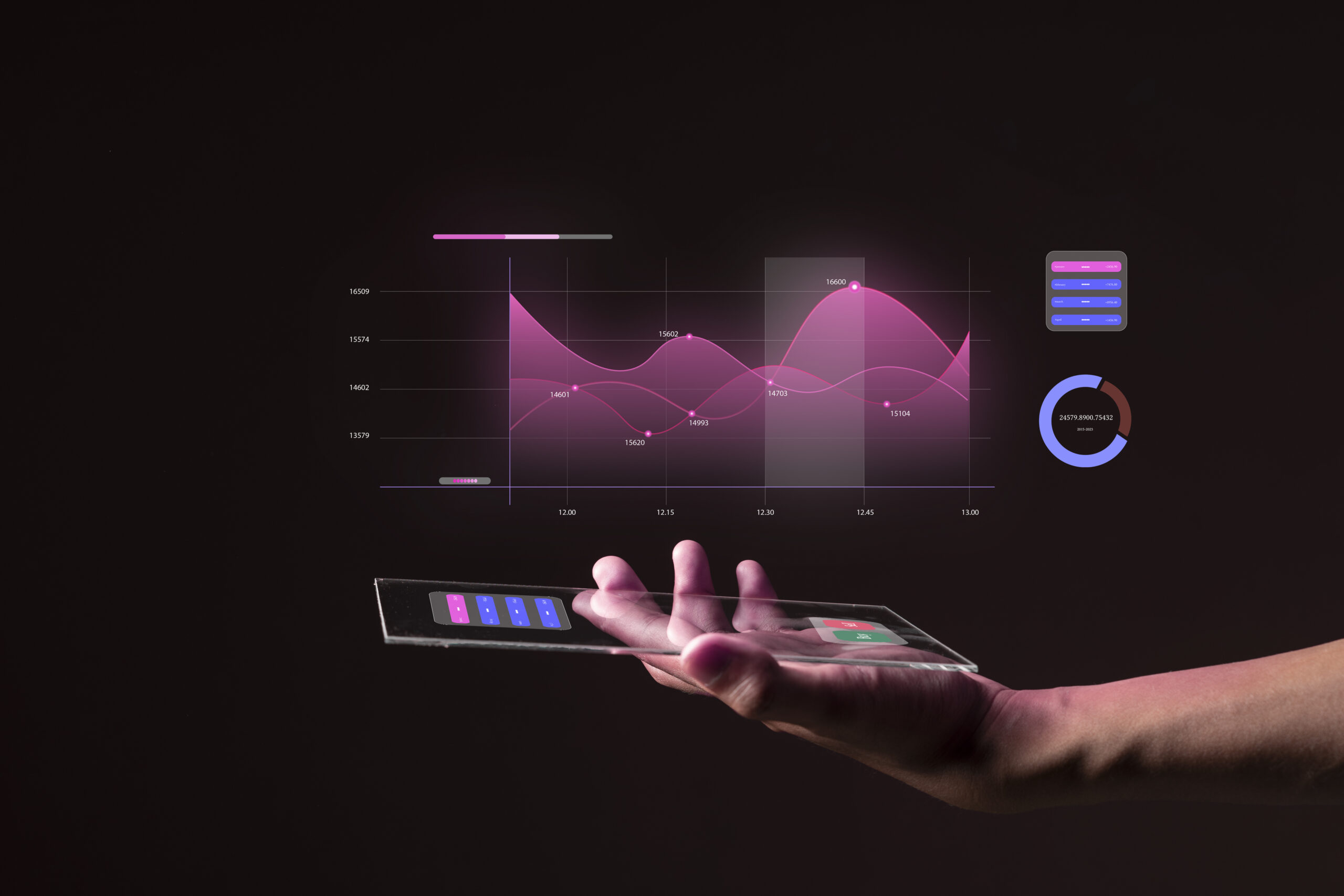 close up business man with  stock chart market hologram dark background